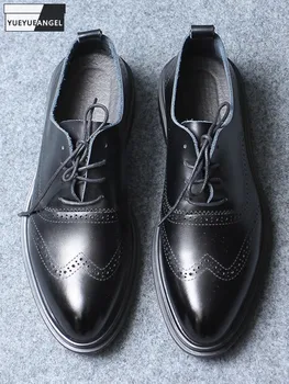 המשרד גבר צד מחודד בוהן רשמית Brogue נעלי תחרה וינטג ' עור מפוצל מגולף שמלת נעלי Mens נעליים מזדמנים עסקי