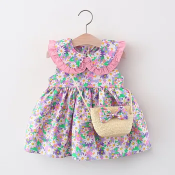הקיץ הפעוט הפעוט ילדה הבגדים להגדיר תינוק חוף שמלות חמוד קשת שרוולים שבור פרח כותנה היילוד שמלת נסיכה+תיק