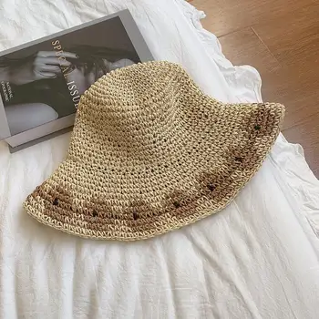 הקיץ נייר כובע קש גדול המרזבים ארוגים ביד חיצוני חג החוף כובע שמש UV הפנים הגנה מגן דלי הכובע