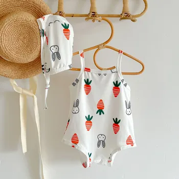 הרך הנולד של בגדי תינוקות בנות רצועת ביקיני מצוירות חמודות ארנב Sunsuit שרוולים בגדי ים בגדי ים, כובע להגדיר Beachwear