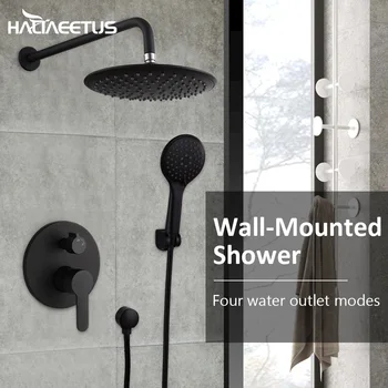 חדר מקלחת משולבת להגדיר קיר רכוב חדר מקלחת ברז סטים שחור מט עגול מודרני גשמים מקלחת אמבטיה ברז מיקסר