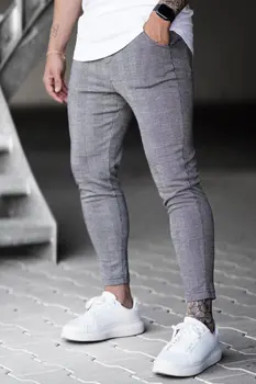 חדש Men' s ספורט מכנסיים לבנים במשבצות גבוהה המותניים מכנסיים עיפרון נוח מוצק צבע המכנסיים האביב, סתיו