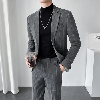 חדש לגברים (חליפה + מכנסיים) high-end בוטיק אופנה הכל עם צבע אחיד מגמה מקרית נאה בריטי בשני חלקים סט