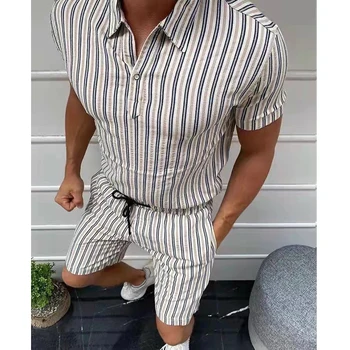 חדש לגברים פס שני חלקים דש חולצת שרוול ארוך ומכנסיים קצרים חליפת קיץ קליל משוחרר ספורט Mens אופנה ג ' וגינג להגדיר