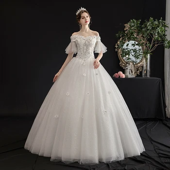חדש שמלת שמלת נשף סקסית הסירה הצוואר 3D פרחים אפליקציות הכלה שמלות הכלה שמלות רשמיות החלוק דה mariee