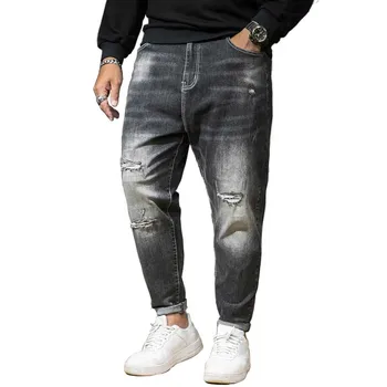 חדשות אופנה גודל פלוס קרע ג 'ינס גברים מזדמנים מכנסי ג' ינס במצוקה ג 'ינס רופף באגי מכנסיים אופנת רחוב Hiphop הרמון ג' ינס