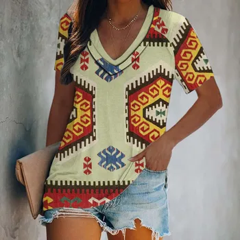 חולצת טי קיץ הדפסת 3d המפורסם סגנון של נשים V-צוואר חולצת הטריקו יומיומי שרוול קצר האופנה בסגנון וינטג ' צמרות ענקיות נשים בגדים