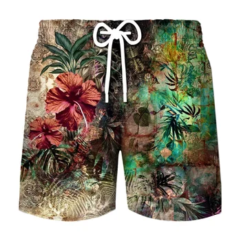 חוף הוואי מכנסי גברים מזדמן 3D מודפס צמחים טבעיים בגד ים יבש מהירה ברמודה לגלוש לוח מכנסיים קצרים מכנסיים אופנה בגד ים