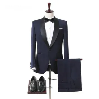 חיל הים כחול עם הצעיף השחור דש חליפות גברים לחתונה 2pieces(ז ' קט+מכנסיים+עניבה) חליפות חתן Slim Fit האחרון עיצוב בלייזר