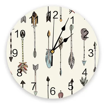 חץ נוצה אתני השעון בסלון עיצוב הבית העגול הגדול שעון קיר אילם קוורץ שעון של שולחן חדר שינה קישוט קיר שעון