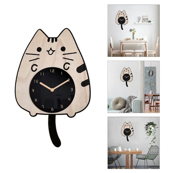 חתול חמוד עץ, שעון אילם הביתה חדר השינה, הסלון, המטבח מכשכש בזנב חתול שעון קיר יצירתי-Decors תלייה על קיר-שעון