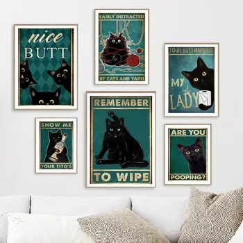 חתול שחור התחת נייר טואלט אתה מחרבן קיר אמנות בד הציור נורדי כרזות והדפסים הקיר תמונה בסלון עיצוב