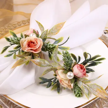 טבעות מפיות בעלי פרחים מלאכותיים אבזם ערב רוז עיצוב בקט עבור מלון מסיבת חתונה, אירוע קישוט שולחן אוכל