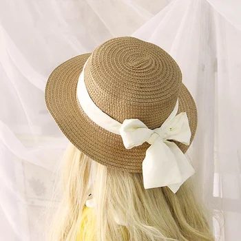ילד קיץ קש כובע השמש דלי כובע פשוט תחרה Bowknot סרט שטוח המגבעת החוף טיול כמוסות