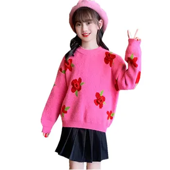 ילדים ילדה סריגים בגדי סתיו חורף אופנה 3D פרחים סוודר קוריאנית עבה מזדמן או צווארון תינוק חמוד בנות הלבשה עליונה 4-13Y