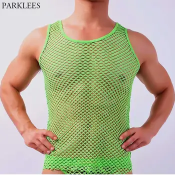 ירוק Mens לראות דרך רשת רשת טנקים העליון סקסי שקוף אימון חדר כושר חולצת גברים לנשימה פרספקטיבה מצויד Nightwear