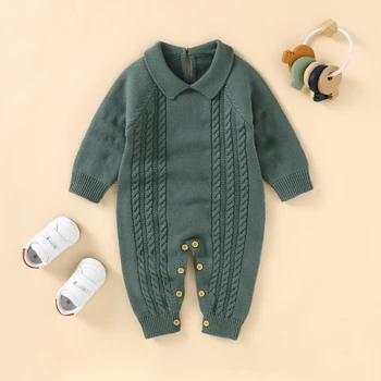 כותנה בייבי Romper סרוגים תינוק ילדה ילד אוברול שרוול ארוך ליפול היילוד ילד בגדי אופנה Turn-למטה צווארון 0-18M הסרבל.