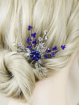 כחול Rhinestones כלה שיער סיכות פרחים נשים Headpieces נשף מסיבת שיער, תכשיטים, אביזרי שיער החתונה לאורחים שיער קליפים