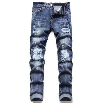 כחול עיצוב אופנה גברים סלים ג 'ינס תיקון ג' ינס אופנת רחוב חורים קרועים טלאים מכנסיים מתיחה אלסטי מכנסיים ג ' ינס חור