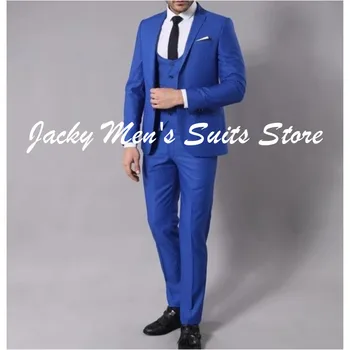כחול רויאל Slim Fit חליפות גברים דש מותאם אישית עשה טוקסידו Terno Masculino החתן החתונה בלייזר 3 חלקים ג ' קט+מכנסיים+אפוד