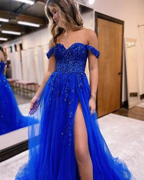 כחול רויאל ארוך שמלות לנשף את הכתף טאל אפליקציה 2023 החדש צד פיצול שרוולים שמלת הערב מסיבת שמלות שמלה
