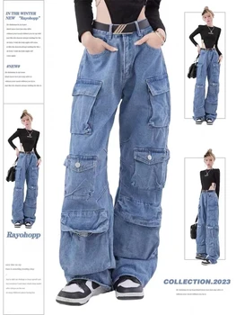 כיס מוצק צבע אוברול ג 'ינס נשים Y2K רחוב רטרו רופף רחב רגל סרבל זוג מזדמנים ג' וקר שוטפים את הג ' ינס מכנסיים נשים