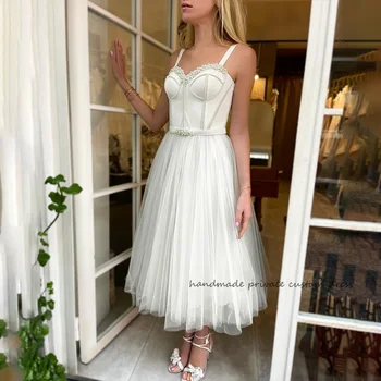 לבן קו טול חתונה שמלות ערב פנינים סאטן מתוקה כלה שמלת תה באורך נסיכת שמלות חתונה מותאמת אישית