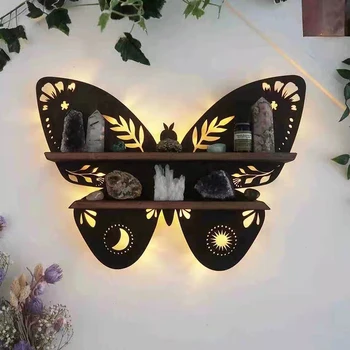 לונה עש מנורת קריסטל מדף שמן אחסון חזה פרפר מעץ קיר תצוגת תפאורה הקיר בסלון הבית ארגונית מדף