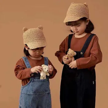 לטוות קש, כובעים לילדים בנות מתקפל שמש כובע יוניסקס חמוד לנשימה עם אוזניים חוף ילדים Snapback כובעי ילדים כובע בייסבול