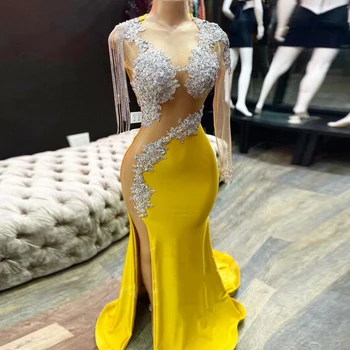 לראות דרך צהוב כתף אחת שמלות לנשף פאייטים תחרה אפליקציה צד פיצול בתולת ים שמלת ערב סקסית אפריקה צד שמלות