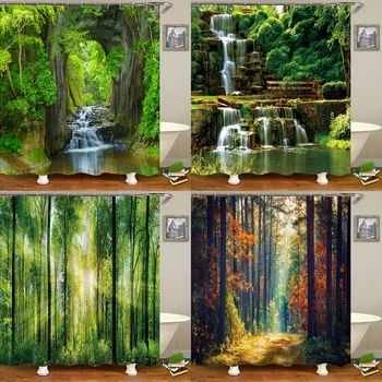 מודרני הדפסת 3D יער וילון מקלחת ירוק צמח עץ לרוחב וילון אמבטיה עם ווים עבור שירותים עמיד למים נוף