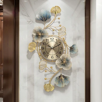 מודרני יצירתי ברזל יצוק שעוני קיר הסלון השעון עיצוב הבית השתק שעון אופנה גינקו עלה אמנות אטמוספרי שעון קיר