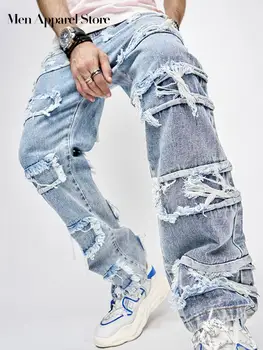 מוצק עם פסים ציציות וינטג 'ינס מכנסי גברים Harajuku היפ הופ רוכסן מכנסי ג' ינס מכנסיים סתיו 2023 אופנה מזדמנים גברים של ביגוד