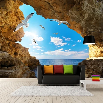 מותאם אישית טפט תמונה ציורי 3D שמיים כחולים, עננים לבנים שחפים המערה נוף ציור קיר בבית הפנים קישוט קיר נייר