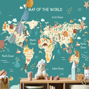 מותאמים אישית בעלי חיים קריקטורה מפת העולם נשלף פס טפטים בסלון ילדים דבק עצמי ציורי קיר חדר השינה מסמכי עיצוב