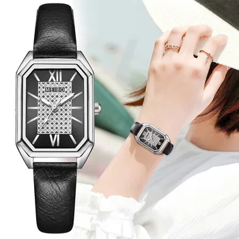 מותג האופנה שעונים נקבה גבירותיי קוורץ שעוני נשים כיכר חיוג שעוני יד עור רצועת השעון השעון רלו Mujer