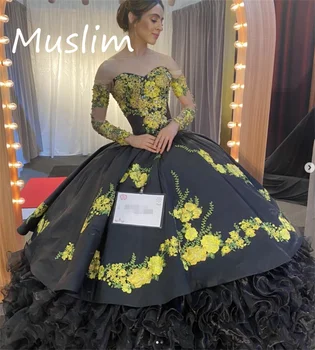 מקסיקני קרו שחור שמלת קינסאנךרה 2023 אורגנזה קפלים מתוקה 15 יום ההולדת שמלת תחרה Vestidos דה XV שנים פרח שמלת נשף