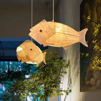 נברשות אורות MiFuny בעבודת יד במבוק, קש אריגה דרום-מזרח אסיאתי אקזוטי קרפיון דגים מסעדת המלון מנורת תקרה