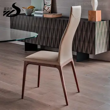 נורדי עור איטלקי האוכל הכיסא אור יוקרה מינימליסטי הכיסא המודרני פשוטה במלון חדר אוכל כיסא עיצוב מעץ מלא צואה
