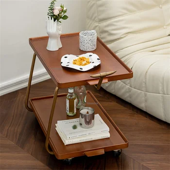 נורדי עץ מלא מטלטלין הספה לצד שולחן סלון רטרו קפה שולחן שכבה כפולה חשמלית עם גלגל אחסון האוכל המכונית