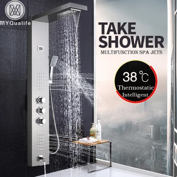 ניקל מוברש Thermostatic מקלחת ברז מפל מקלחת גשם לוח 3 ידיות חדר מקלחת מיקסר עמודה עם Handshower