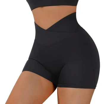 נשים הצלב של מותן גבוהה אלסטי יוגה מכנסיים קצרים מזדמנים ספורט קצר חותלות תחת הרמת אימון קו מותן גבוה רץ יוגה קצרים.