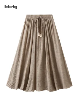 נשים וינטאג 2 שכבות מוצק החצאית הארוכה אופנה קוריאנית אלסטיות גבוהה המותניים כותנה פשתן להניף את קו חצאיות 2023 הקיץ K268