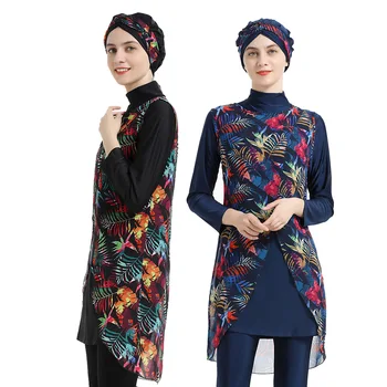 נשים מוסלמיות Burkini בגד ים בגדי ים צנועים האסלאמית שרוול ארוך חיפוי מלא חיג ' אב פרח שמלה מכסה עליון לשחות מכנסיים בגד ים