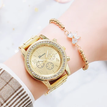 נשים קוורץ שעונים עסקים פלדה בנד שעון היהלומים מזויף שלוש עין אופנה לצפות פרפר צמיד להגדיר שעון מתנה שעון