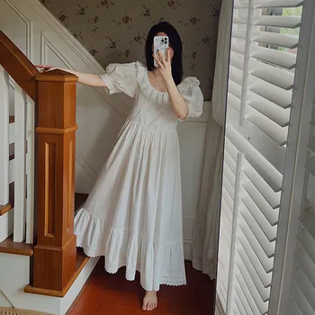 נשים קיץ לבן שרוול קצר Nightdress פשוטה צוואר עגול כותנה רופף Homedress הנסיכה בציר זמן קרסול-אורך הכתונת.