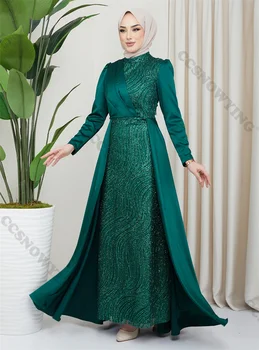 סאטן נצנצים שרוול ארוך המוסלמים שמלות ערב גבוה צוואר חיג ' אב לנשף רשמי שמלת מסיבת נשים איסלמיות קו מרוקאי גלימה