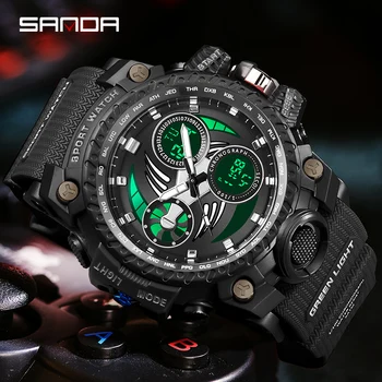 סאנדה G החדש בסגנון שעונים של גברים עמיד למים 50M ספורט צבאי כפול תצוגה קוורץ שעונים על זכר LED דיגיטלי שעון יד