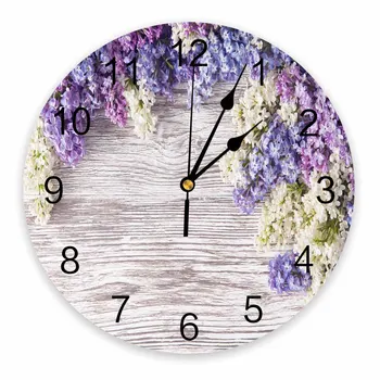סגול לילך פרח לוח עץ דקורטיבי עגול שעון קיר עיצוב מותאם אישית ללא מתקתקת שקט חדרי שינה גדולים שעון קיר