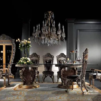 סגנון אירופאי כל-גילוף עץ מלא, שולחן אוכל, כיסא, ארמון איטלקי יוקרה מעץ מלא שולחן אוכל, וילה, רהיטים